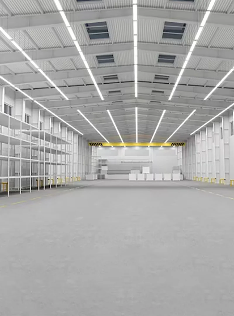 Completed industrial warehouse interior with high-bay lighting